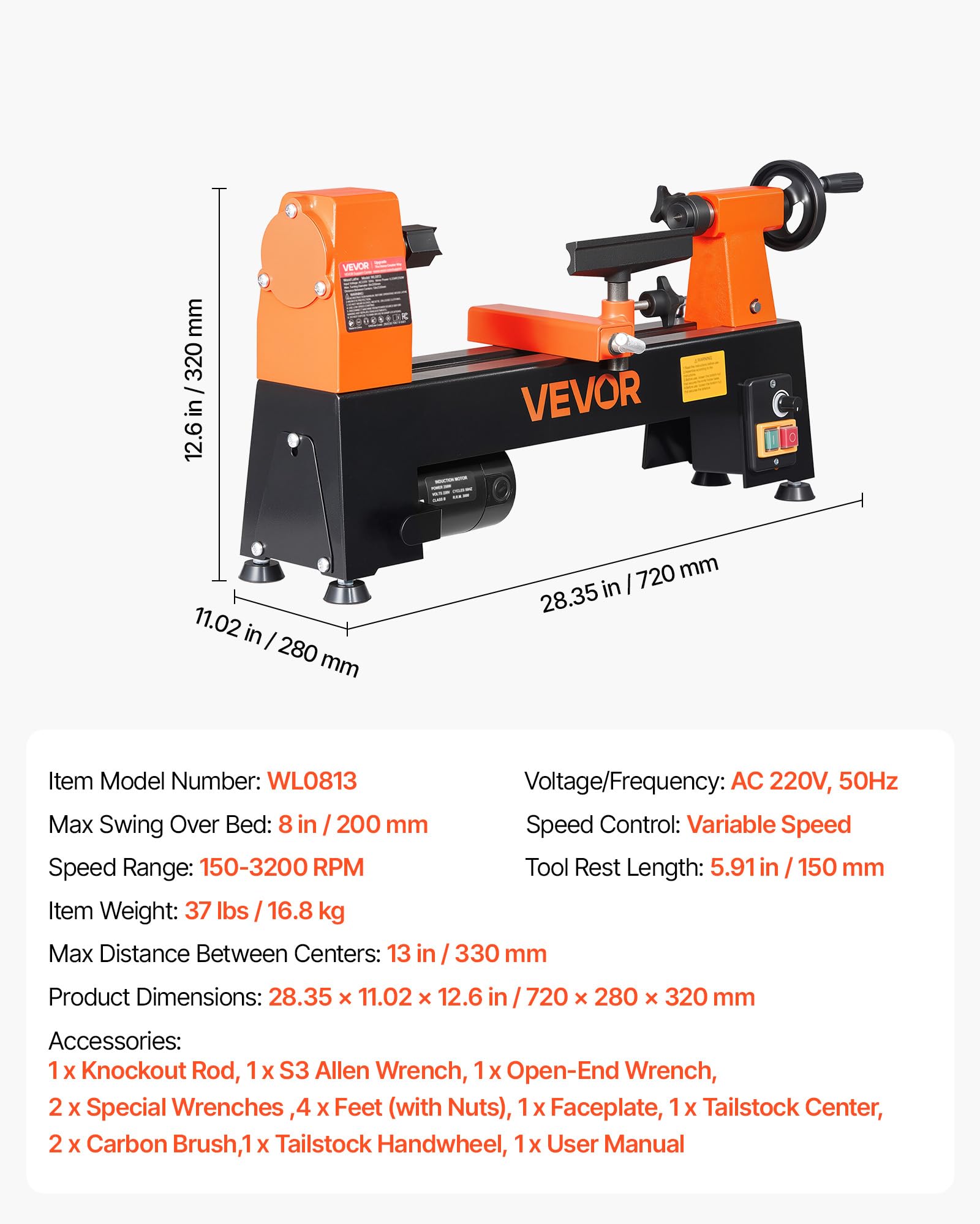 VEVOR Tornio per Legno da Banco 250 W 200 x 330 mm 150 a 3200 giri/min