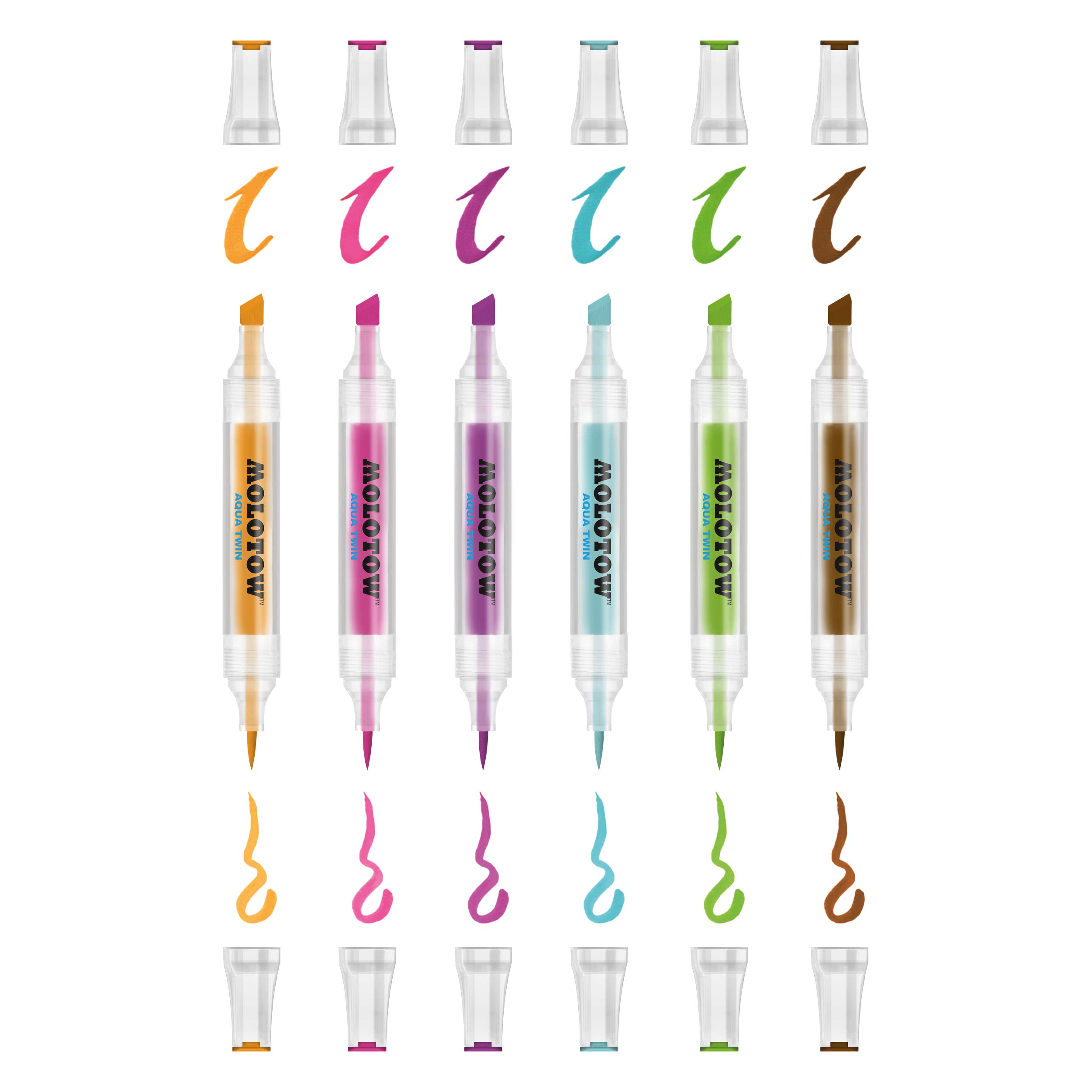 MOLOTOW Aqua Twin Marker Basic Set 2, Brush and Chisel Nib, Assorted Colors, 6 Marker Set, 1 Set Each (729.302)