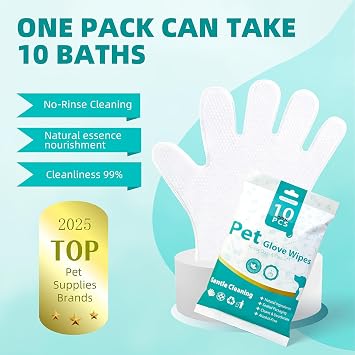 MEDUWEDU [10 Count] No-Rinse Pet Glove Wipes 5-Finger Design, Coconut Oil & Aloe, Hypoallergenic Grooming Mitts for Dogs & Cats
