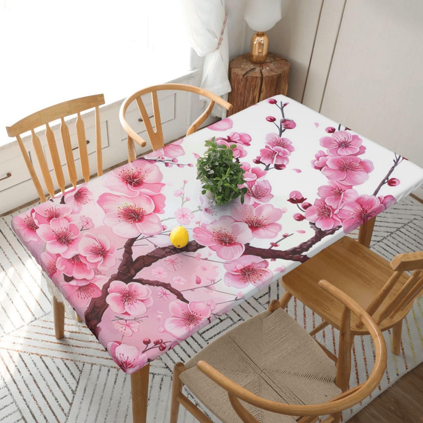 WPKJU Tempting Cherry Blossoms Printed Tablecloths 5ft Rectangular Table Covers Washable Polyester Decorative Table Cloth for Dining Table Picnic Wedding