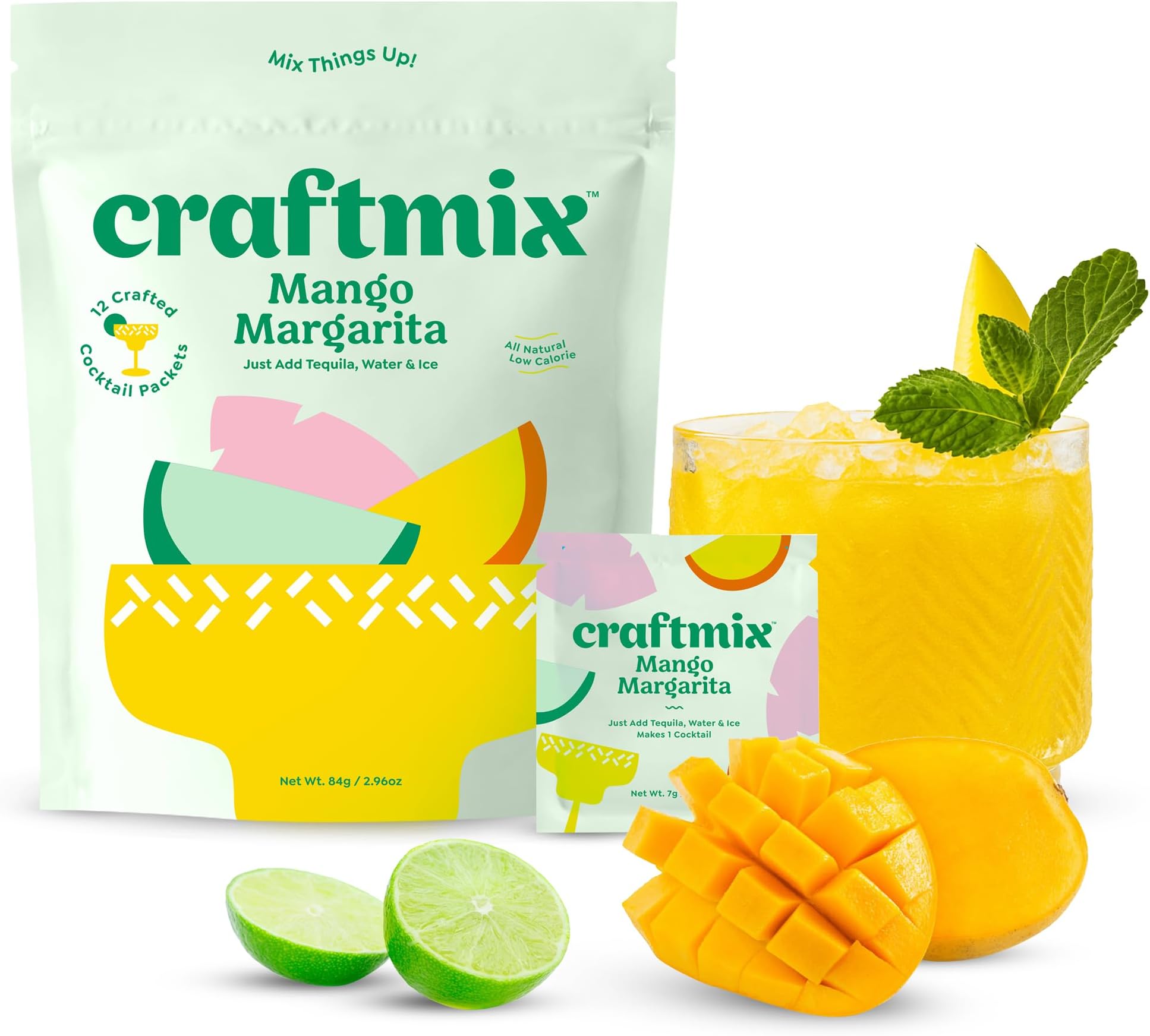 Craftmix Mango Margarita Cocktail & Mocktail Drink Mixer, Skinny Mixes - Water Flavoring Packets - Made With Real Fruit - Vegan, Low-Carb, Low-Sugar, Non-GMO, Dairy Free, Gluten Free, 12 Pack