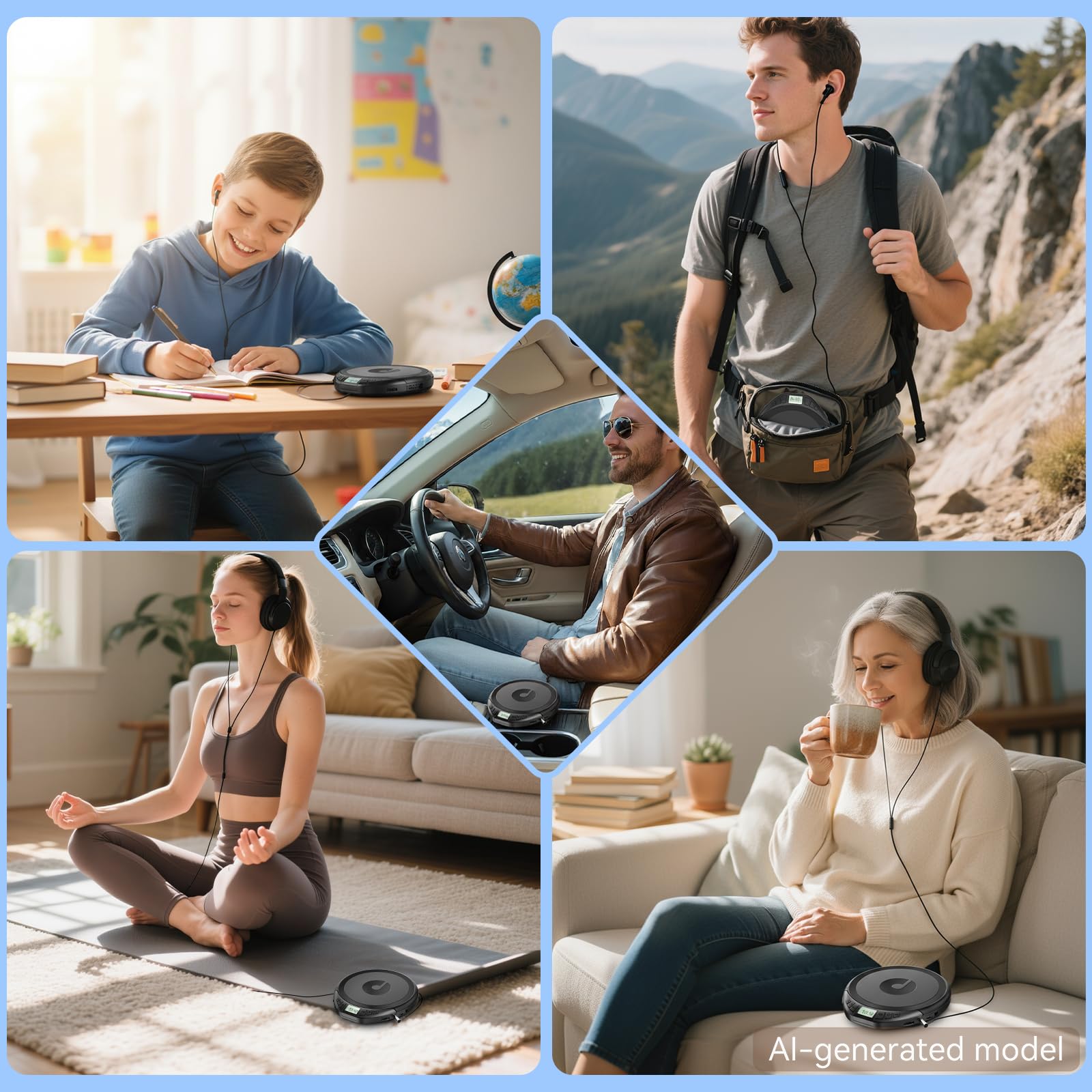 Lecteur CD portable avec casque de voiture portable et résistant aux chocs avec écran LCD, câble auxiliaire et écouteurs pour le sport, la maison, l'extérieur