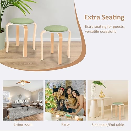Miniatura 3 de Taburetes de madera, juego de 2 sillas redondas tapizadas sin espalda apilables para comedor, cocina, hogar, jardín, sala de estar y aula