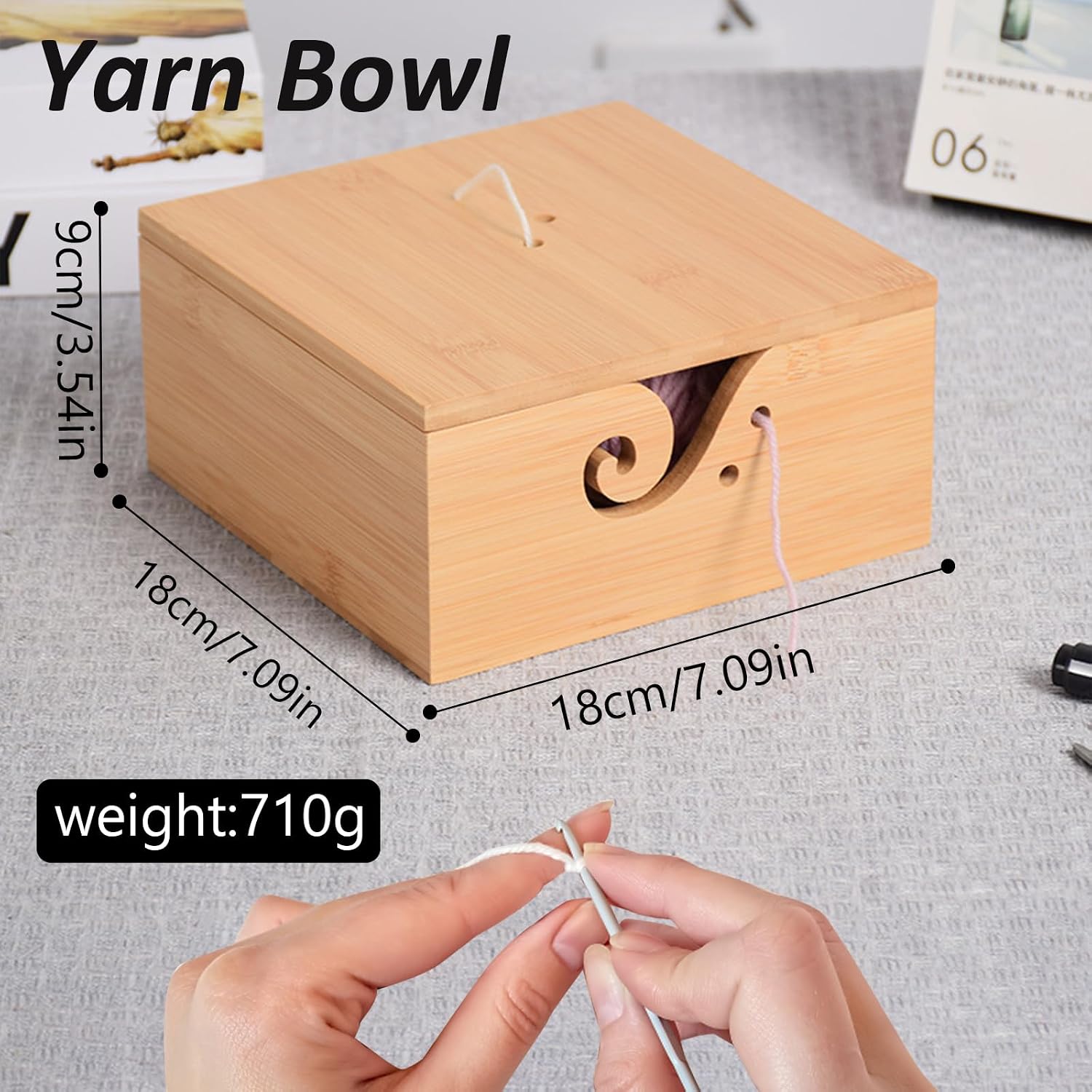 Joyeee Crochet Yarn Bowl with Lid, Large Bamboo Square Yarn Holder Bowl Gifts for Hand Knitting & Crochet Enthusiasts, Knitters Crochet Knit Storage, Stops Yarn from Tangling 7.1" x 7.1" x 3.5" image 4
