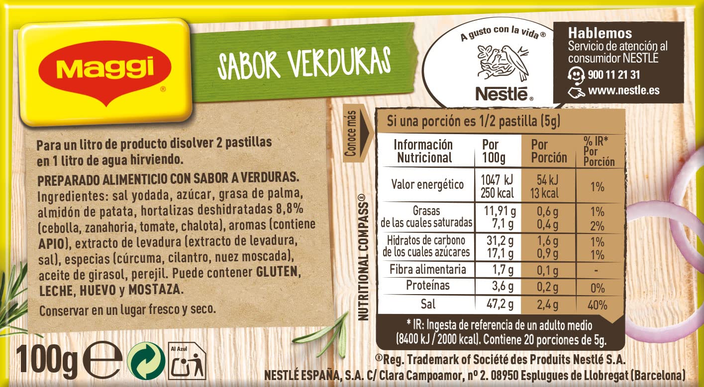 MAGGI Caldo de Verduras deshidratado - Pack de 20 x 10 pastillas de 10g - Total: 200 cubitos
