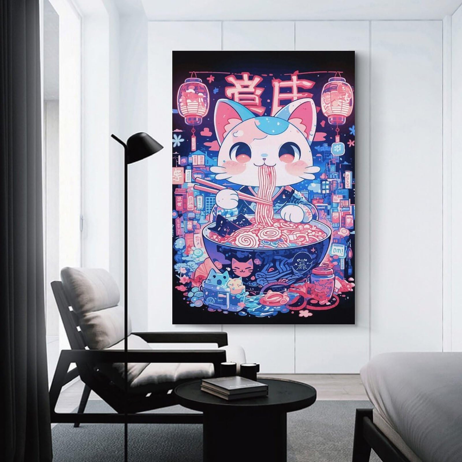 Junmoney Unframe-Style Decorative Wall Artwork Japanese Cat Eating Noodles, 16X24inch(40X60cm), For New Homes, Bedrooms Or Workspaces, Canvas Artwork With Gifting Potential