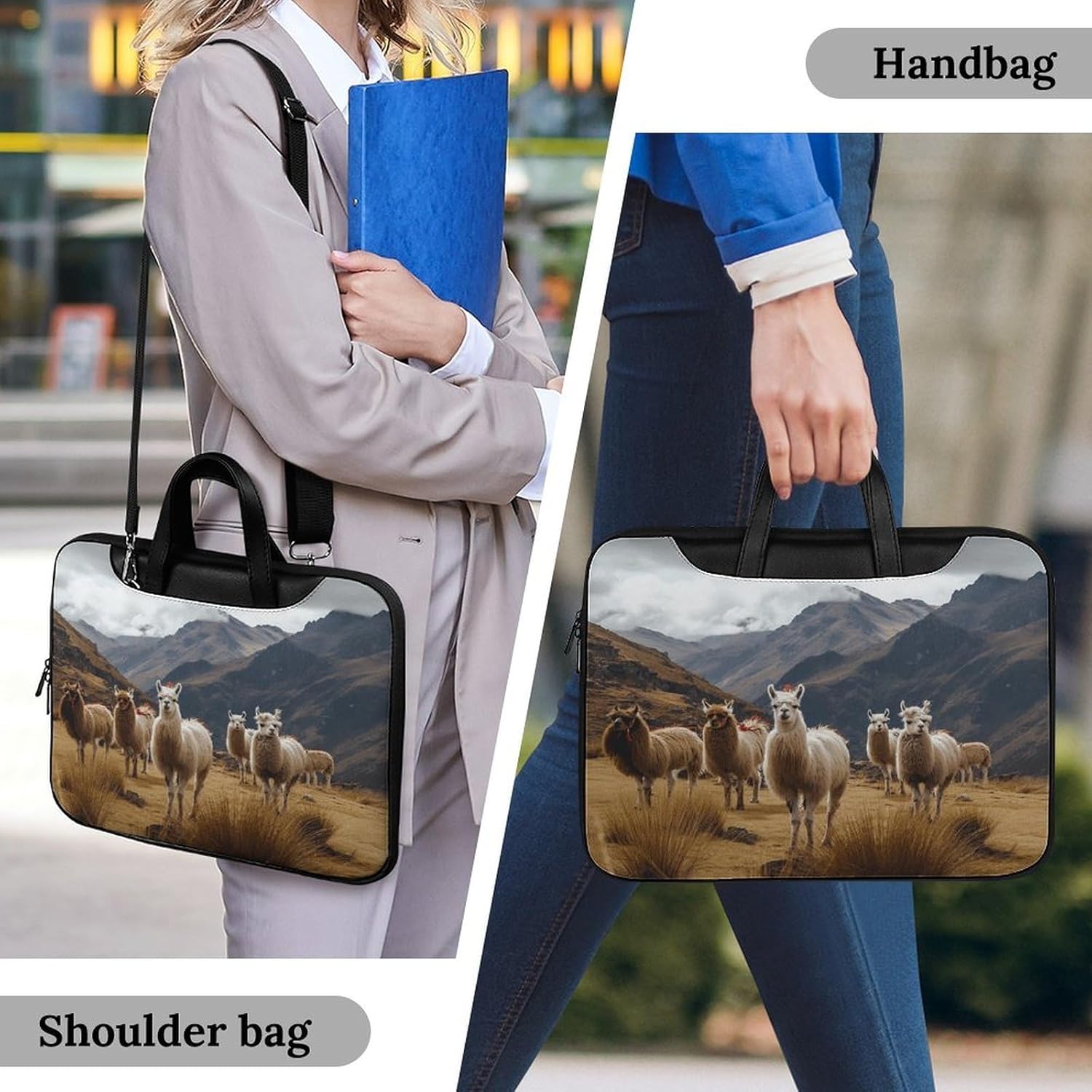 Llamas in The Andes 37x28cm Black-style Laptop Bag Leather Tablet Computer Briefcase Large Capacity Work Business Tote Bags for Office