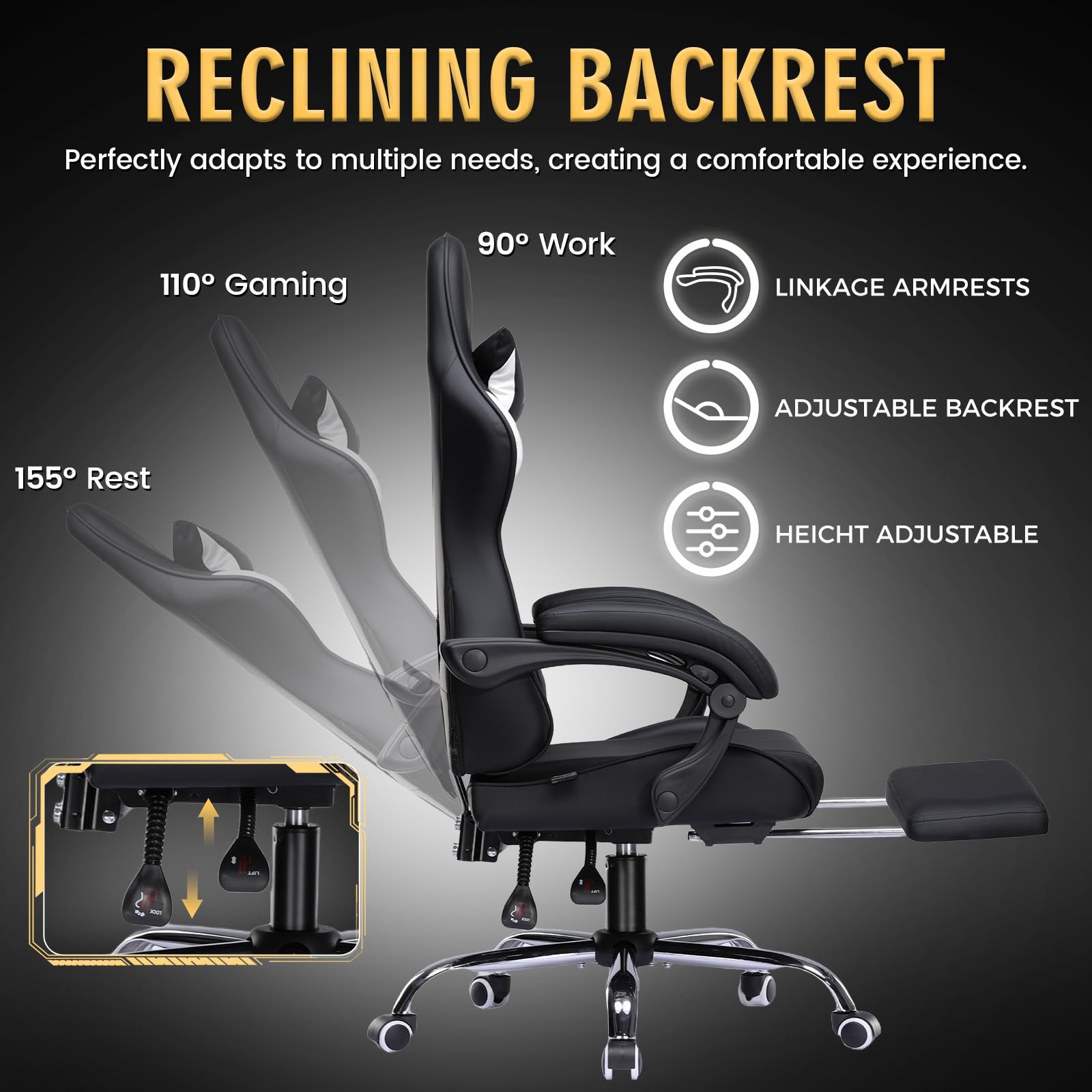 GTPLAYER, Silla de gaming, silla de oficina con soporte lumbar de masaje, reposacabezas ajustable, reposapiés ergonómico, reposabrazos de conexión y reposapiés, 150 kg, color negro