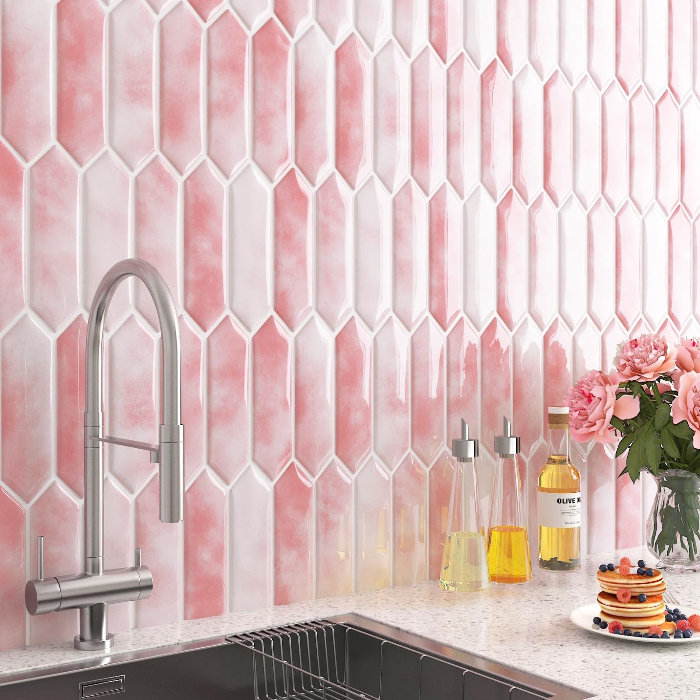 FunStick 30×30CM 30 Baldosas Adhesivas Cocina Paredes Azulejos Adhesivos Baño Rosa Impermeable Azulejo Adhesivo 3D Losetas Adhesivas Cocina Lavadero Vinilo Adhesivo Pared Rosa Azulejos Adhesivos Pared