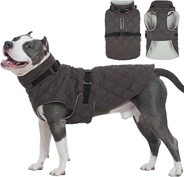 Kuoser Dog Coat Warm Fleece Lining Turtleneck Dog Jacket with Harness Built-in, Adjustable Windproof Cold Weather Coats with Quick Release Buckle Pet Winter Snowsuit for Extra Large Dogs, Grey 2XL