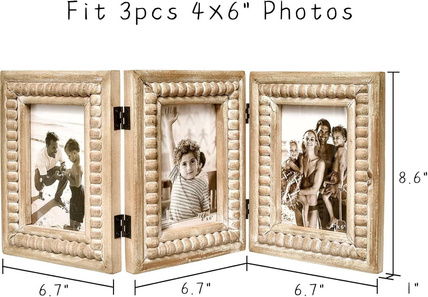 Rustic Distressed 3 Photos Folding Picture Frame Collage with Decorative Wood Beads, 3 Picture Frames 4x6 for Table or Wall Hanging, Farmhouse Gift Idea for Family and Friends