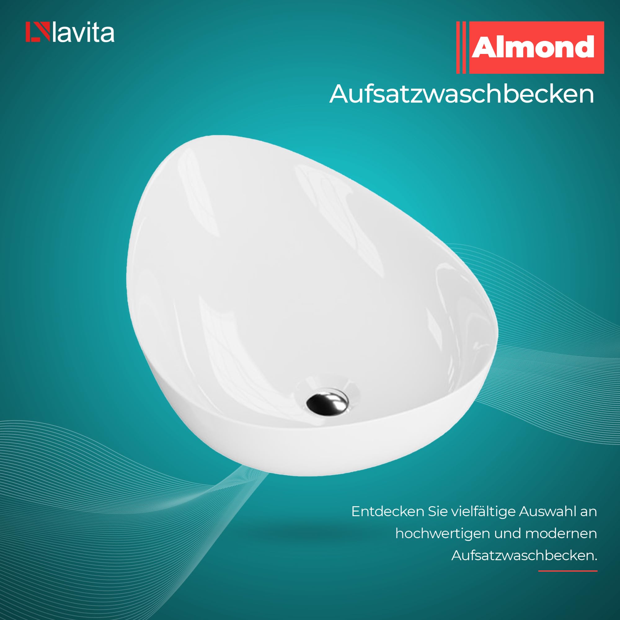 LAVITA Lavabo de encimera Almond | Lavabo superior asimétrico | Lavabo sin rebosadero y agujero para grifo | de porcelana de alta calidad | lavabo | 58 x 41 x 15 cm | blanco