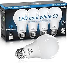 Great Eagle A19 LED Light Bulb, 9W (60W Equivalent), UL Listed, 4000K Cool White, 800 Lumens, dimmable, Standard Replacement (4 Pack)