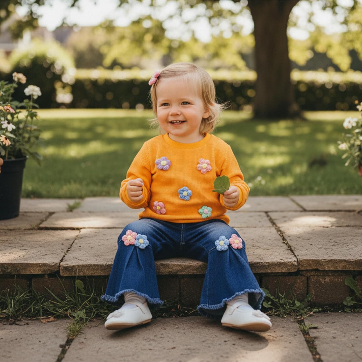 BULINGNA Toddler Baby Girl Clothes Spring Outfit Baby Girl Outfit Floral Crewneck Sweatshirt Bell Bottom Jeans Pants Set - Image 3