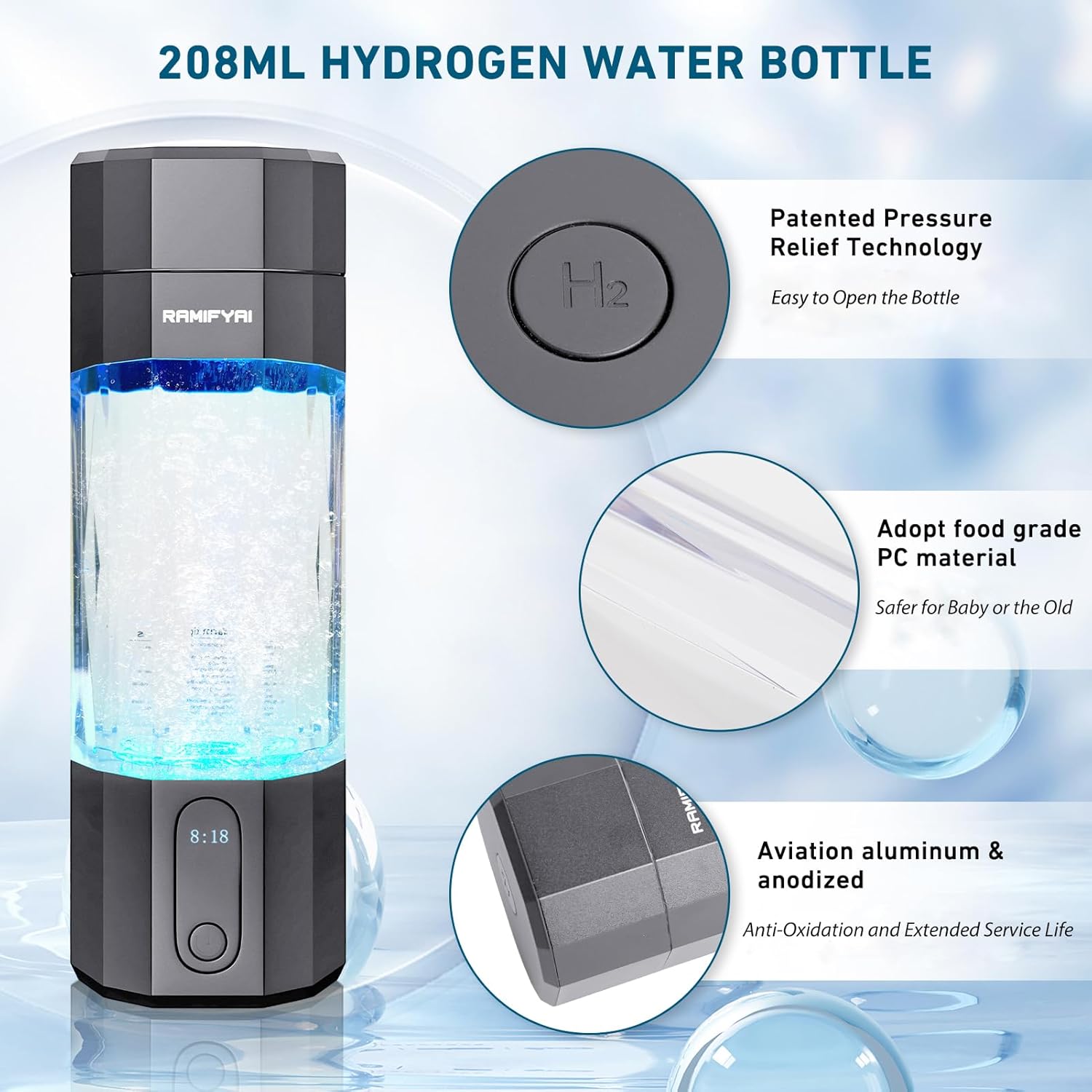 New Upgrade 10000PPB Hydrogen Water Bottle SPE/PEM Technology Seven Colorful Light Double Anti-Slip and Leak-Proof Hydrogen Water Generator with LCD Display (H80 Gray) - Image 3