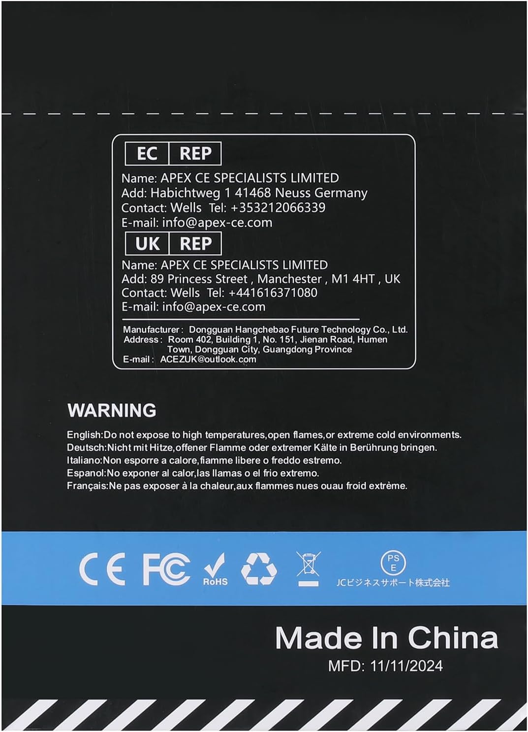 Back of product packaging with multi-language warning and manufacturer details.