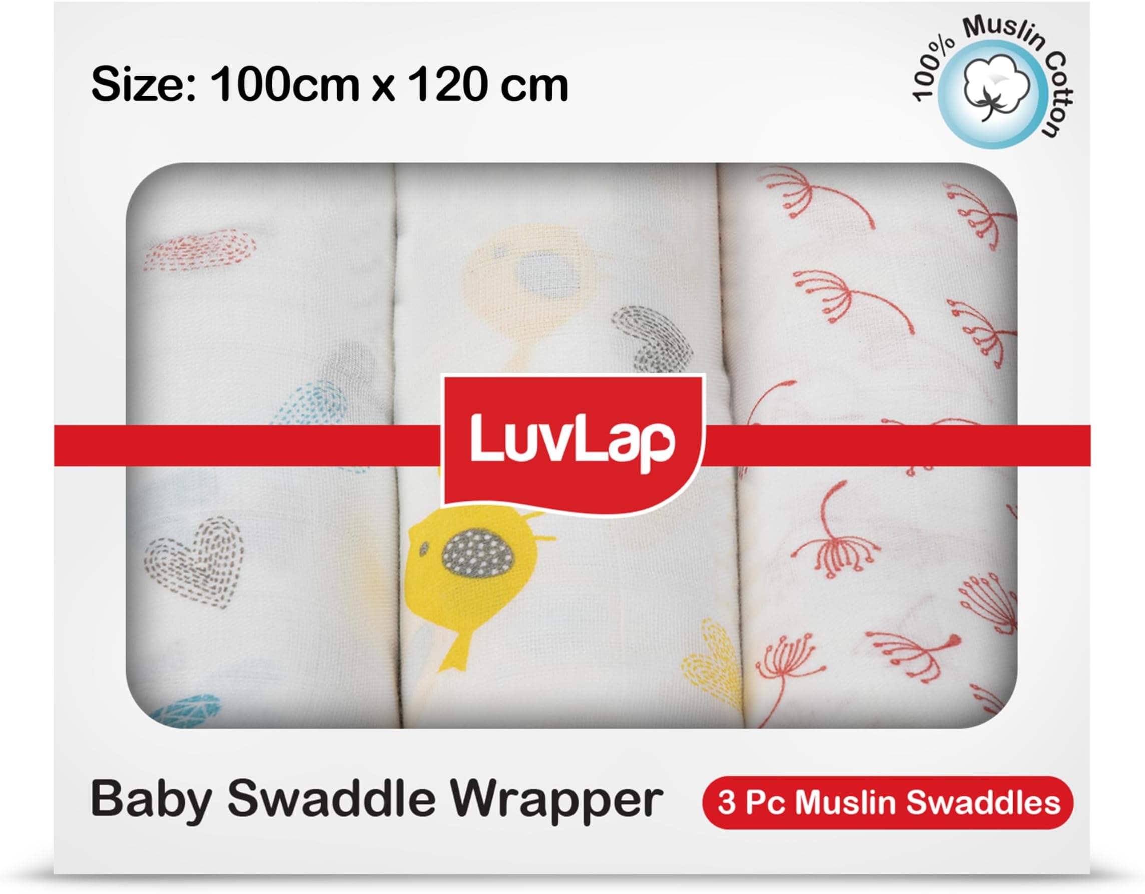 LuvLap 100% Cotton Muslin Baby Swaddle Set, Printed Muslin Swaddle Wrap for New Born Baby, Size-120cm x 100cm, 0-18 Month+, Pack of 3 (Hearts Birds White Print)