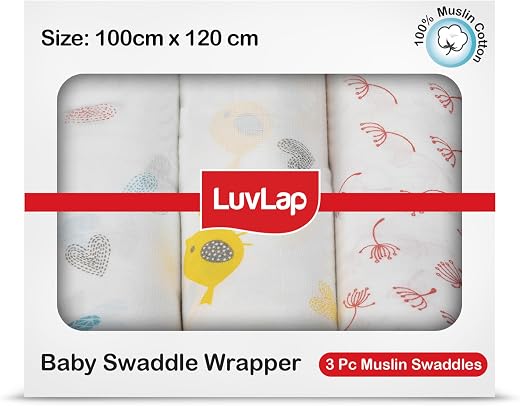 LuvLap 100% Cotton Muslin Baby Swaddle Set, Baby Towel, Size-120cm x 100cm (47″x39″), Hearts Birds Printed on White, 0-18 Month+, Printed Mulmul Muslin Swaddle Wrap for New Born, Pack of 3