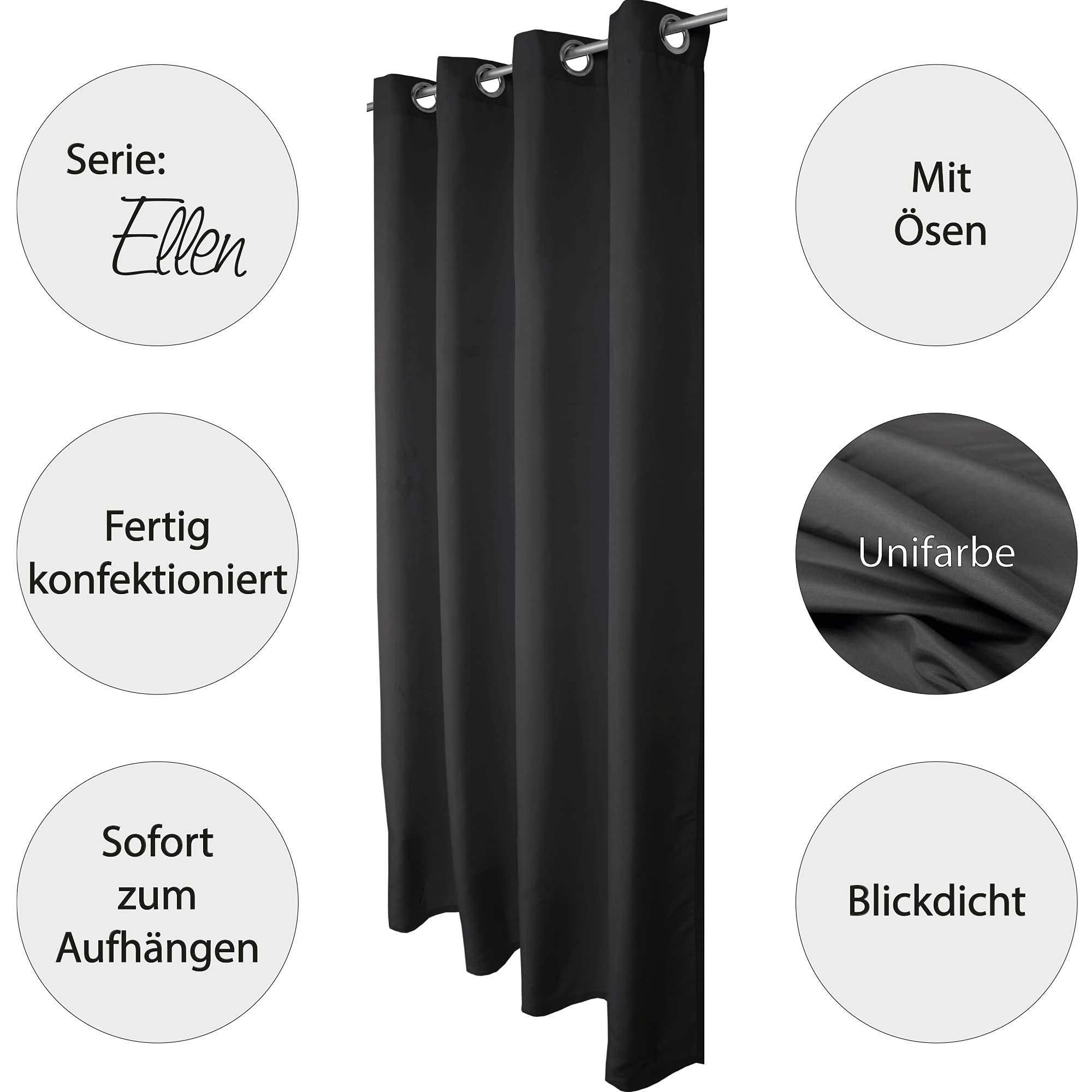 Gardine mit Ösen 140x225 cm (Breite x Länge) in Schwarz, blickdichter Vorhang, Ösenvorhang in vielen Variationen