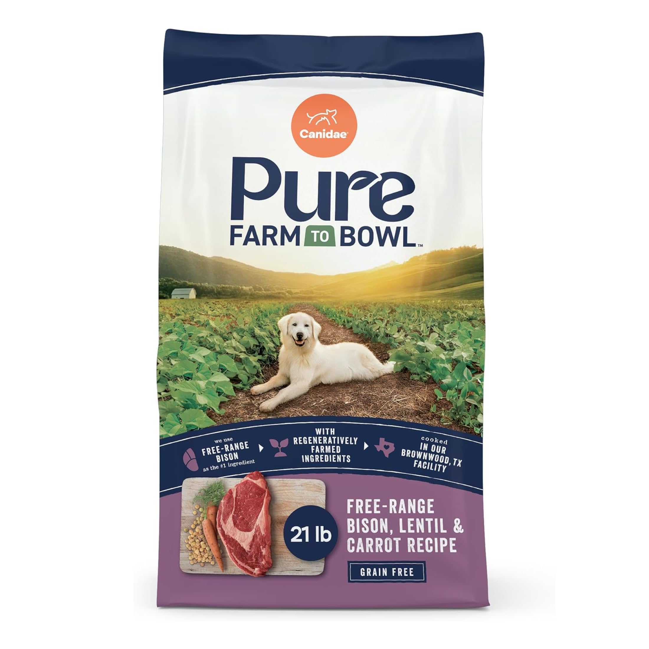 CANIDAE Pure Farm to Bowl, Free-Range Bison, Lentil & Carrot, 21 lb | Adult Dry Dog Food with Balanced Nutrition, Protein Rich, Limited-Ingredient Formula, Free from Grain, Wheat, and Soy, Bison, Lentil & Carrot, 21 Pound (Pack of 1)