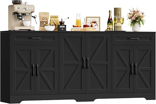 HOCSOK Sideboard 180 cm Kitchen Cabinet with Worktop Sideboard Black Sideboard K che mit 6 T ren und 2 Schubladen Anrichte K chenbuffet mit Verstellbare Regal f r Wohnzimmer 180 87 34 cm