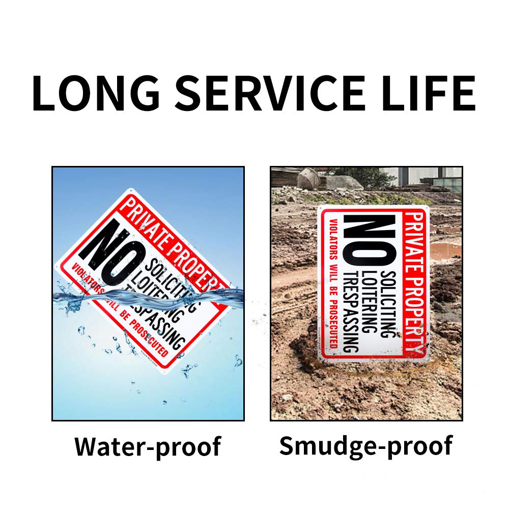 Enjoyist Señal de propiedad privada - No Soliciting No Loitering No Trespassing, Violators Prosecuted, 14 x 10 pulgadas, 0.4 pulgadas, aluminio libre de óxido, protección UV y resistente a la