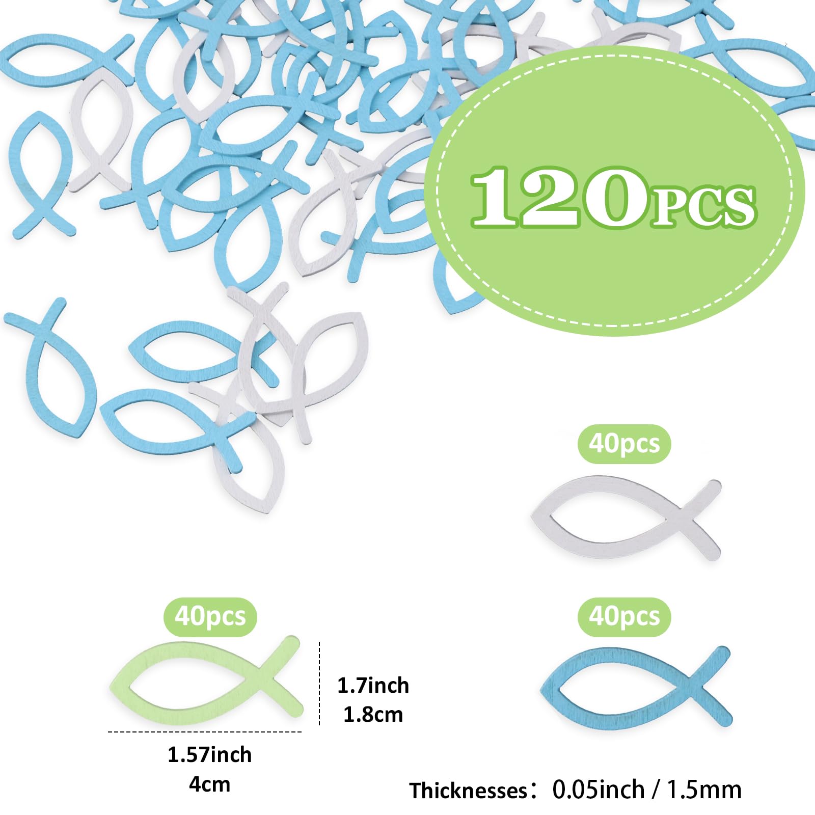 Lot De 120 Poissons En Bois Décoration Baptême - 3 Couleurs Blanc Bleu Vert Pour Table Et Fête