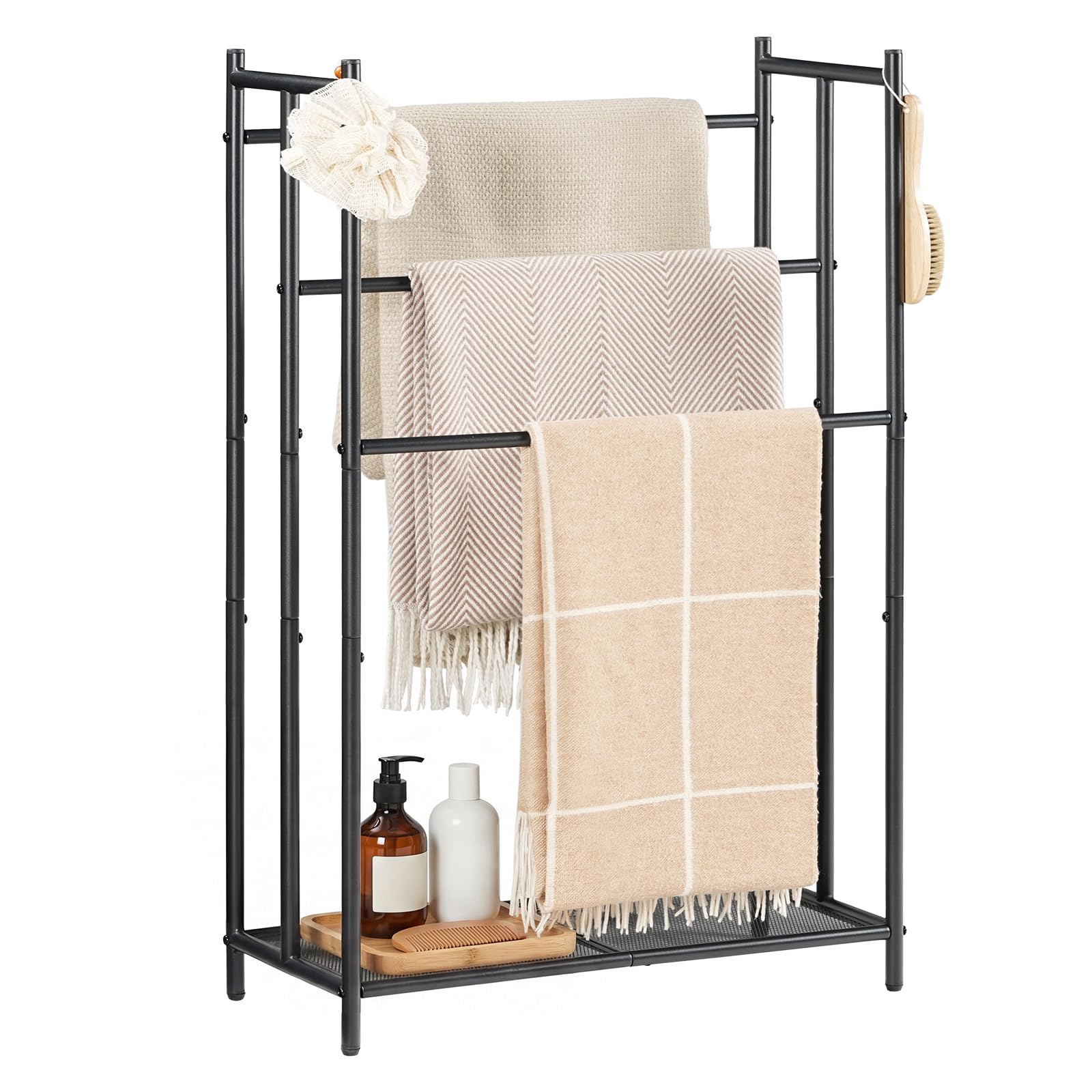 HOOBRO Freestanding Towel Rail,65 L x 29 W x 100 H cm, 3-Tier Towel Rack with Bottom Mesh & Adjustable Feet, Multi-Purpose Towel Storage Organizer for Bathroom, Bedroom, Living Room, Black EBK09LB01