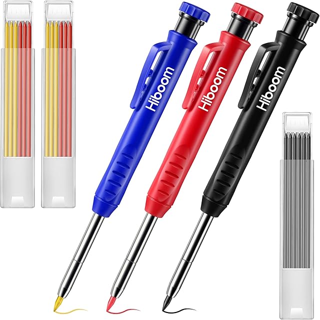 Hiboom 3 Pack Solid Carpenter Pencil with 21 Refill, Long Nosed Deep Hole Mechanical Pencil Marker with Built in Sharpener for Carpenter Father's Day Gift (Blue, Red, Black Cover)