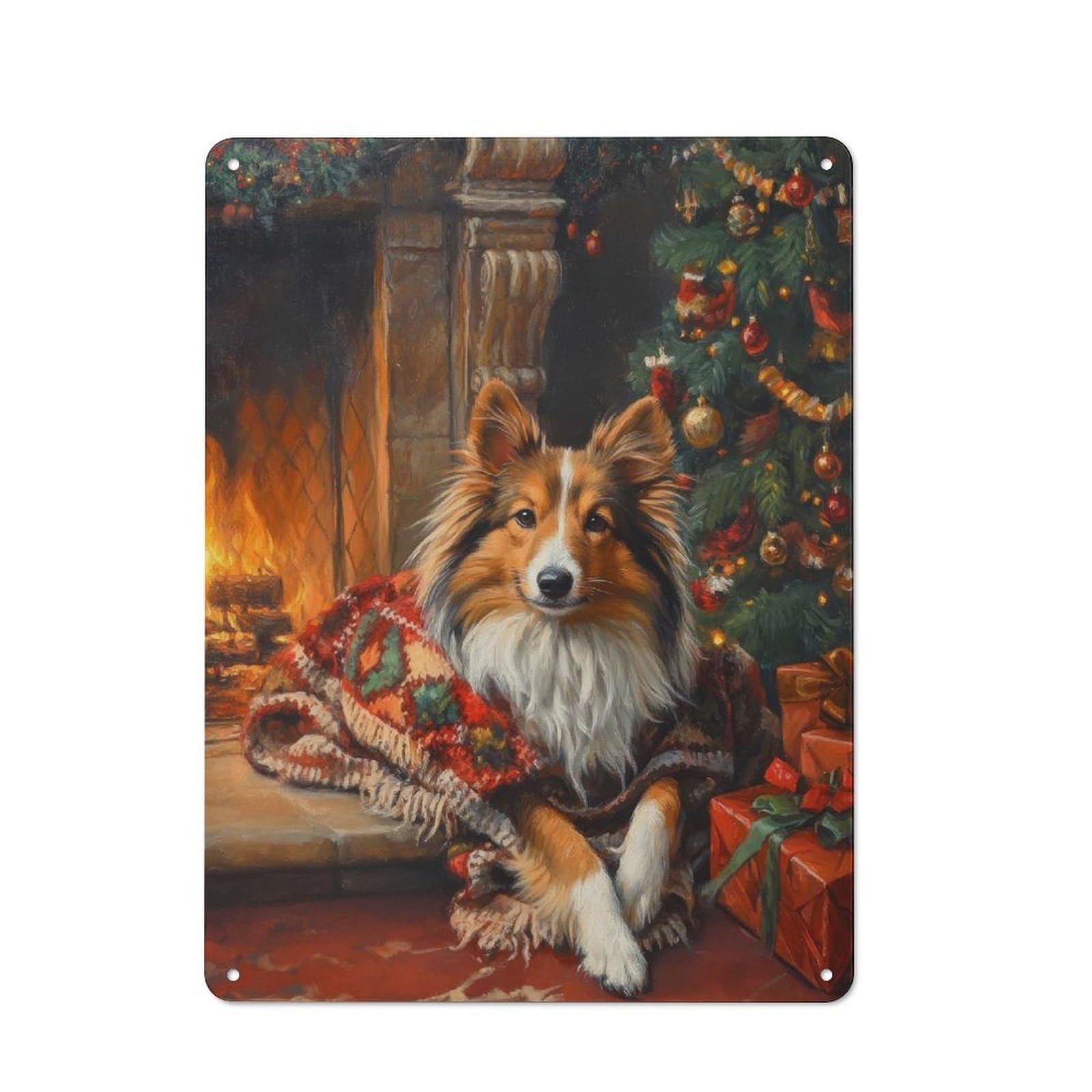 Junmoney Cozy Christmas Shetland Sheepdog By Fireplace Vintage Painting Metal Gift Sign 40X30cm, Room Wall Plaque For Hallway, Home Bar, Garage Or Study