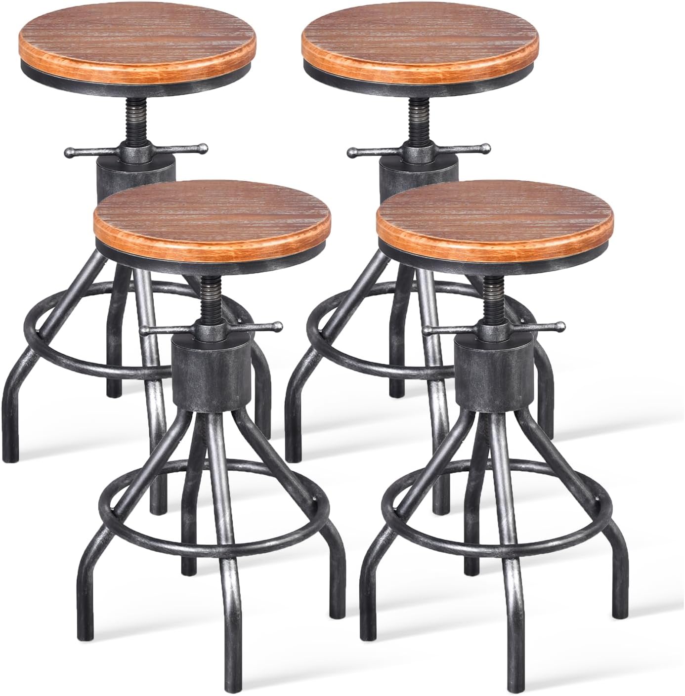 Set of 4, 23inch-33inch Adjustable Height Industrial Swivel Solid Wood Indoor-Outdoor Use Chic Dining Bistro Cafe Side Barstool Bar Chair Coffee Chair Kitchen Counter Stool,Silvery