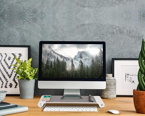 Miniatura 3 de PG Soporte elevador de monitor plateado con puertos de carga USB de 4 puertos, práctico organizador de teclado, organizador de escritorio para