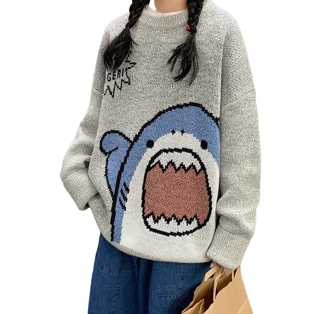 Mens Korean Sweater Japanese Cartoon Shark Mens and Womens Sweater Loose Casual Mens and Womens Sweater