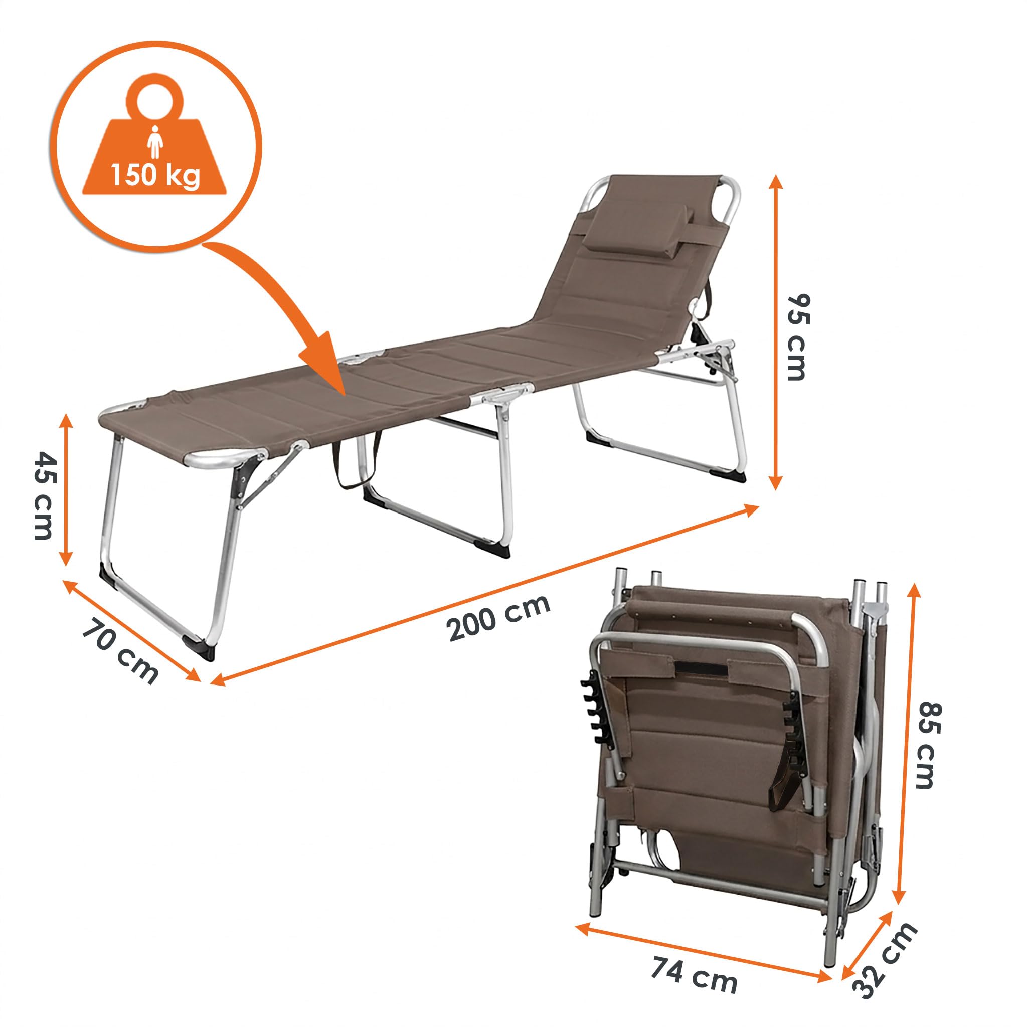 Spetebo Aluminiowa leżanka ogrodowa XXL – taupe – leżak tapicerowany z poduszką – powierzchnia do leżenia 199 x 70 cm, obciążenie do 150 kg