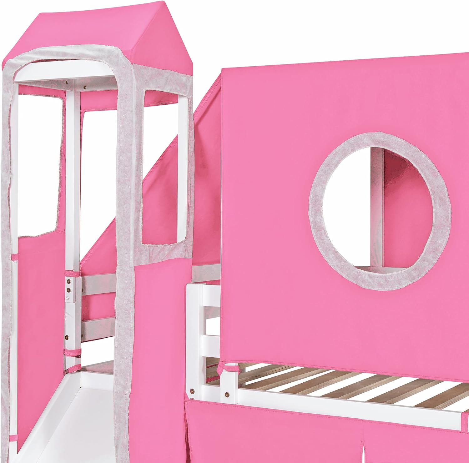 Linique Twin Size Castle Loft Bed with Pink Tent and Tower,Wood Twin Loft Bed Frame with Slide and Storage Staircase(Pink)
