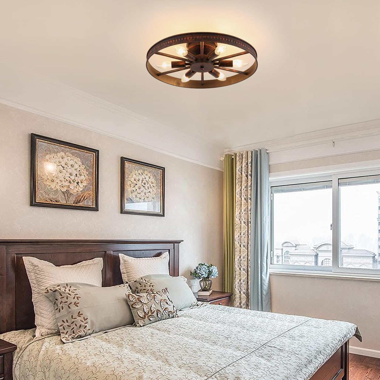 Farmhouse Round Semi Flush Mount Ceiling Light Red Rust Finish Dining Room Lighting Fixture Vintage Metal Ceiling Chandelier for Kitchen Bedroom 6 Light E12 φ18 Inches (6 Light)