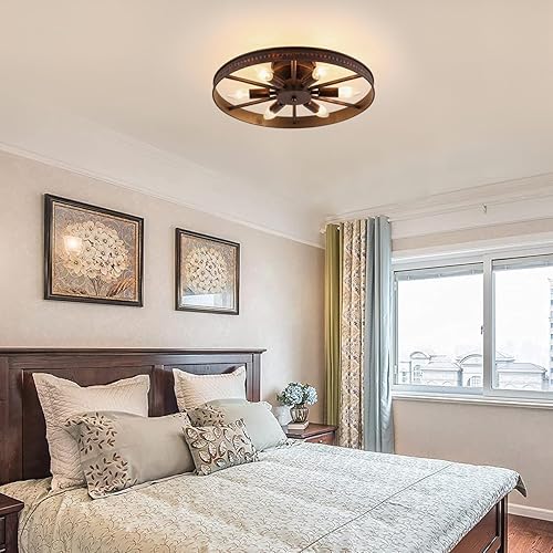 Miniatura 5 de Lámpara de techo redonda semiempotrada estilo granja con acabado rojo óxido, lámpara de techo de metal vintage para cocina y dormitorio, 6 luces E12