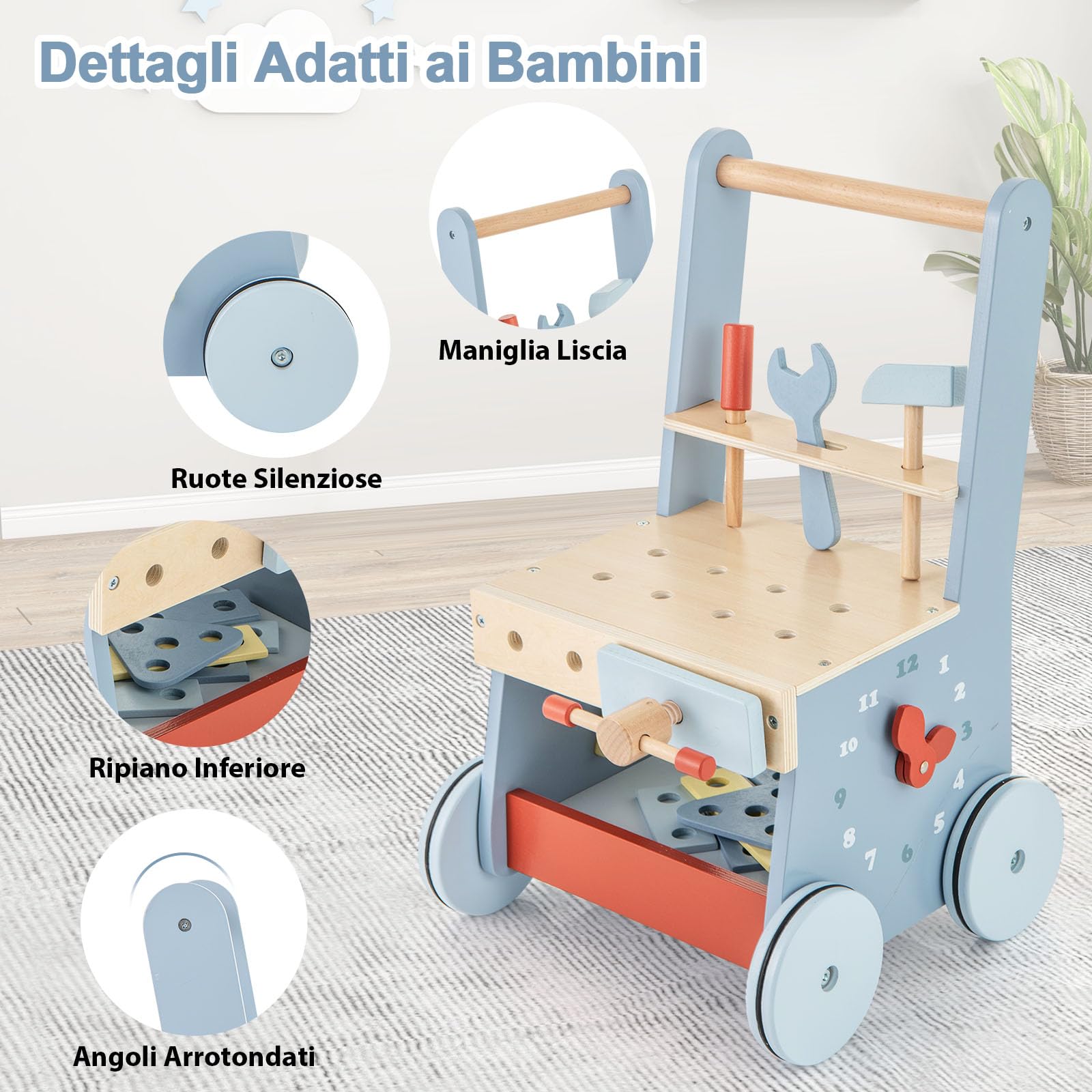 RELAX4LIFE 2 in-1 Carrello Primi Passi in Legno con Banco da Lavoro di Legno, Attrezzi Montessori, 4 Ruote, 30 x 30 x 47 cm (Modello 1)