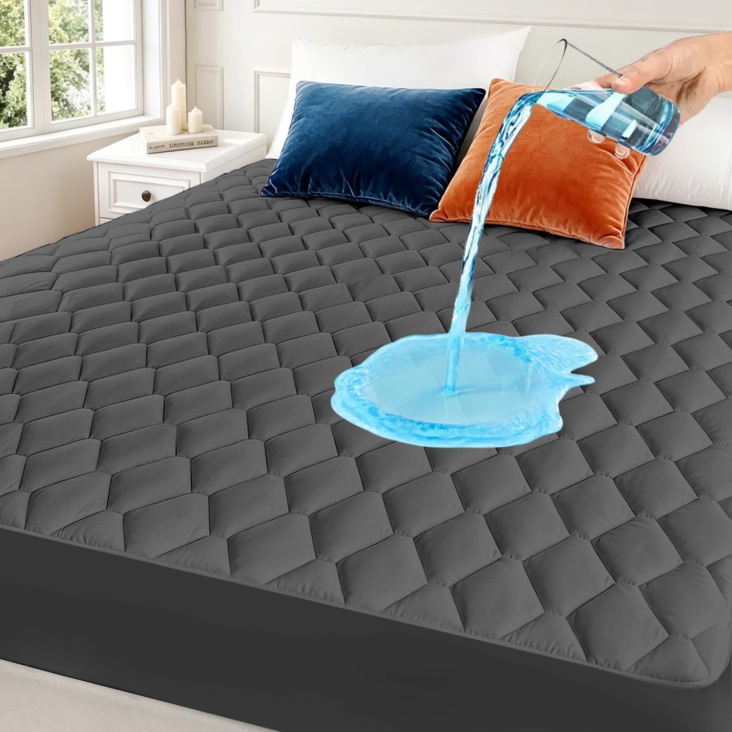 Full Size Mattress Protector Waterproof Washable Mattress Padded Cover Fitted Bed Protection Noiseless Plastic Bed Pad Deep Pocket Up to 18“ Soft and Breathable（Gray）