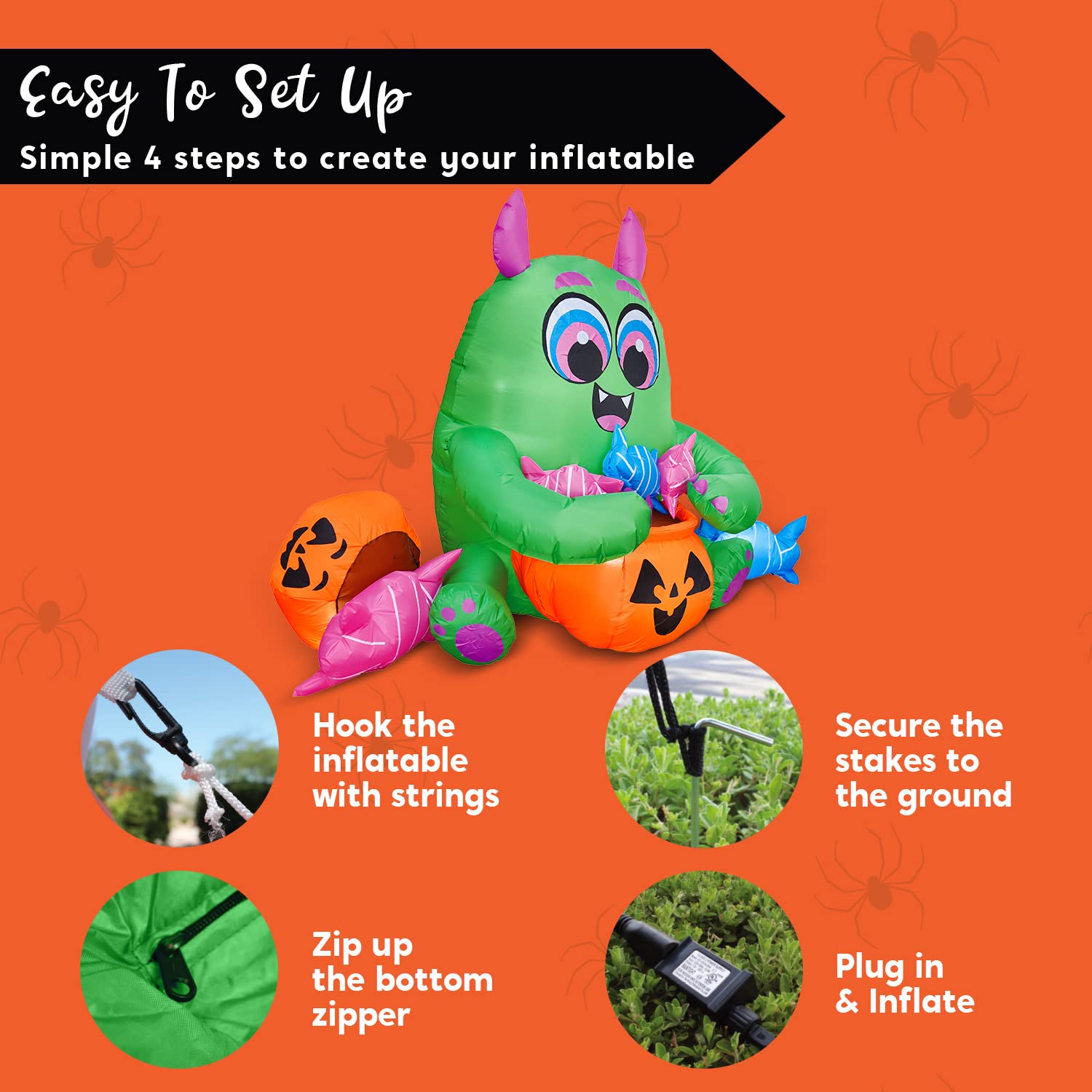 Joiedomi 5 FT Long Halloween Inflatable Monster Candy with Pumpkin Inflatable Yard Decoration with Build-in LEDs Blow Up Inflatables for Halloween Party Indoor, Outdoor, Yard, Garden, Lawn Decorations