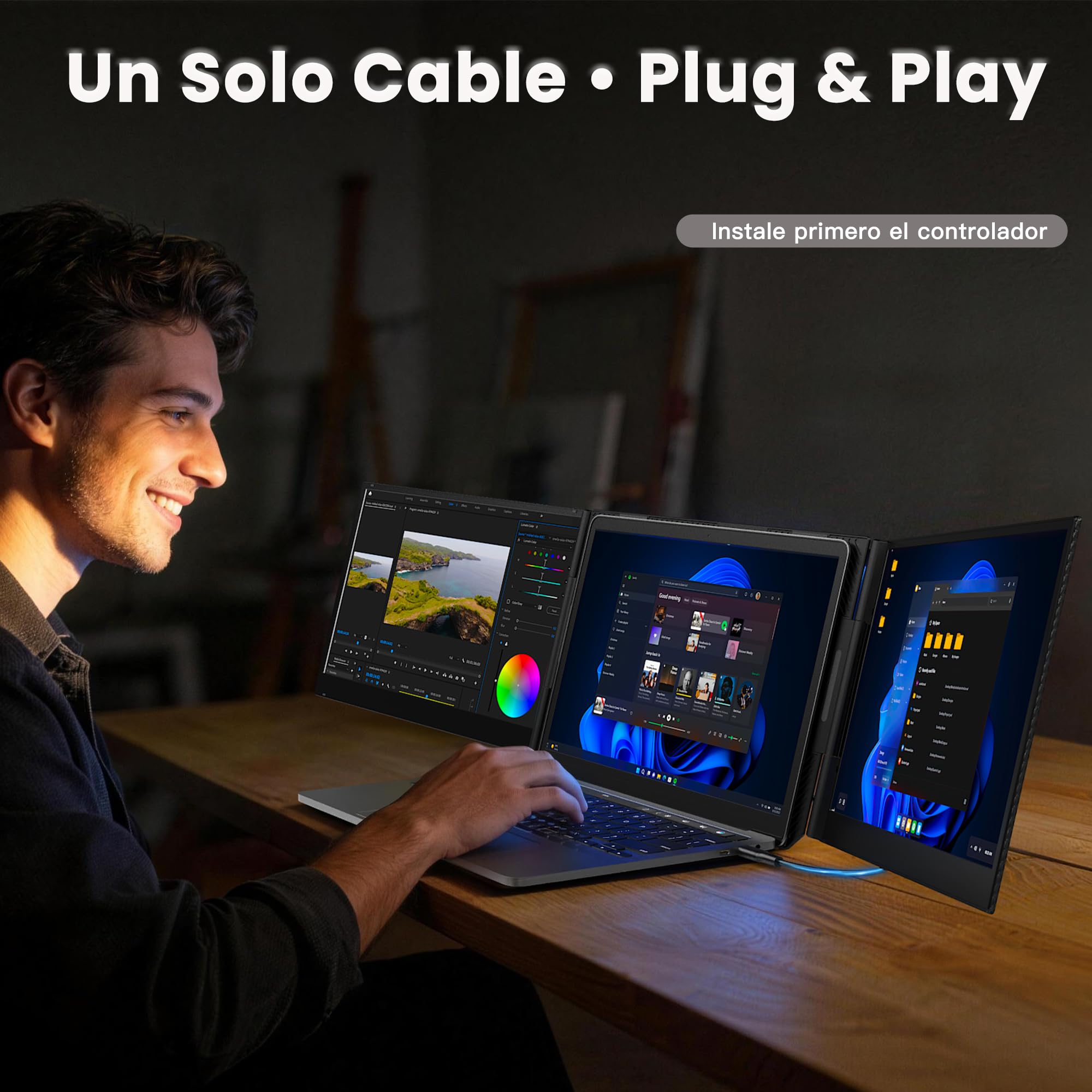 Kwumsy Monitor Portátil 15,6 Pulgadas, Triple Pantalla para Portátil, Plug & Play con un Solo Cable USB-C, Extensor de Pantalla FHD 1080P IPS, Compatible con Portátiles de 13 a 17,3", Mac y Windows
