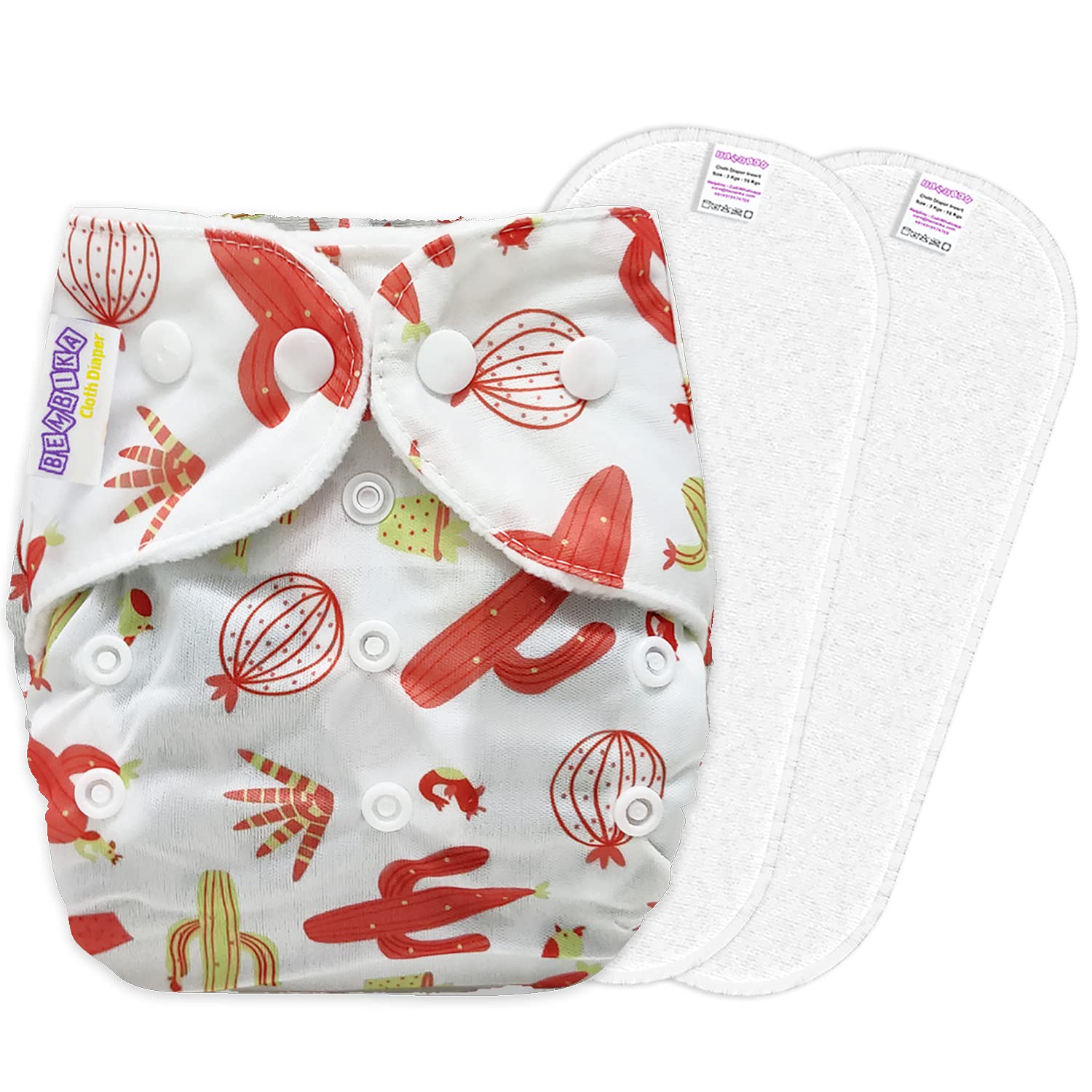 Bembika B Plus Printed Cloth Diapers for Babies, Washable Reusable, Adjustable Sizes with (2 Micro Fiber Inserts Included) (Cactus Doodle) 1ACM2