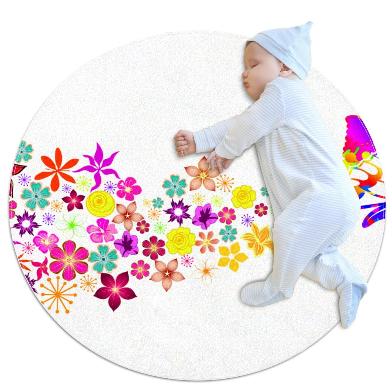 Tapis fleurs colorées JDEZ rond 100cm doux et antidérapant idéal pour la chambre de bébé