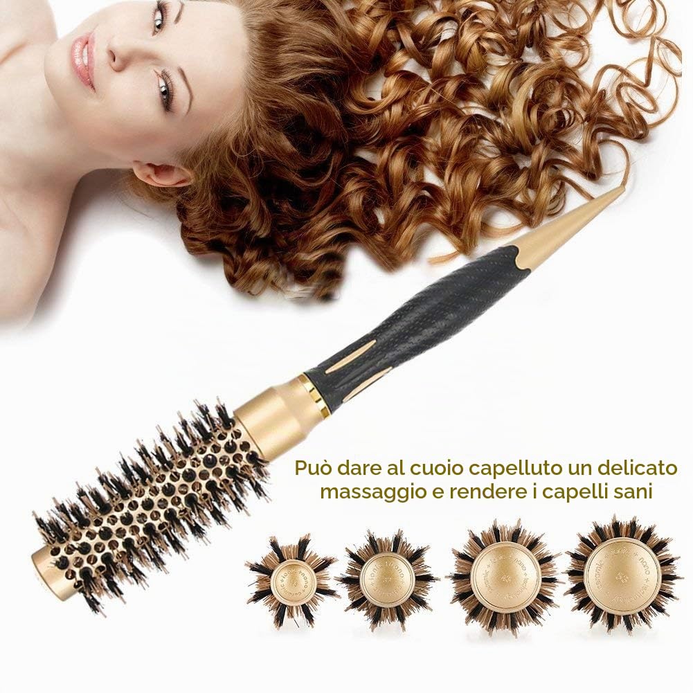 Spazzole Rotonde, 4Pcs Spazzola per Capelli Rotonda in Ceramica Termica per Asciugatura a Soffio, Portatile Anioni Professionali Pettine per Parrucchiere Grandi Styling Pettine,d'oro