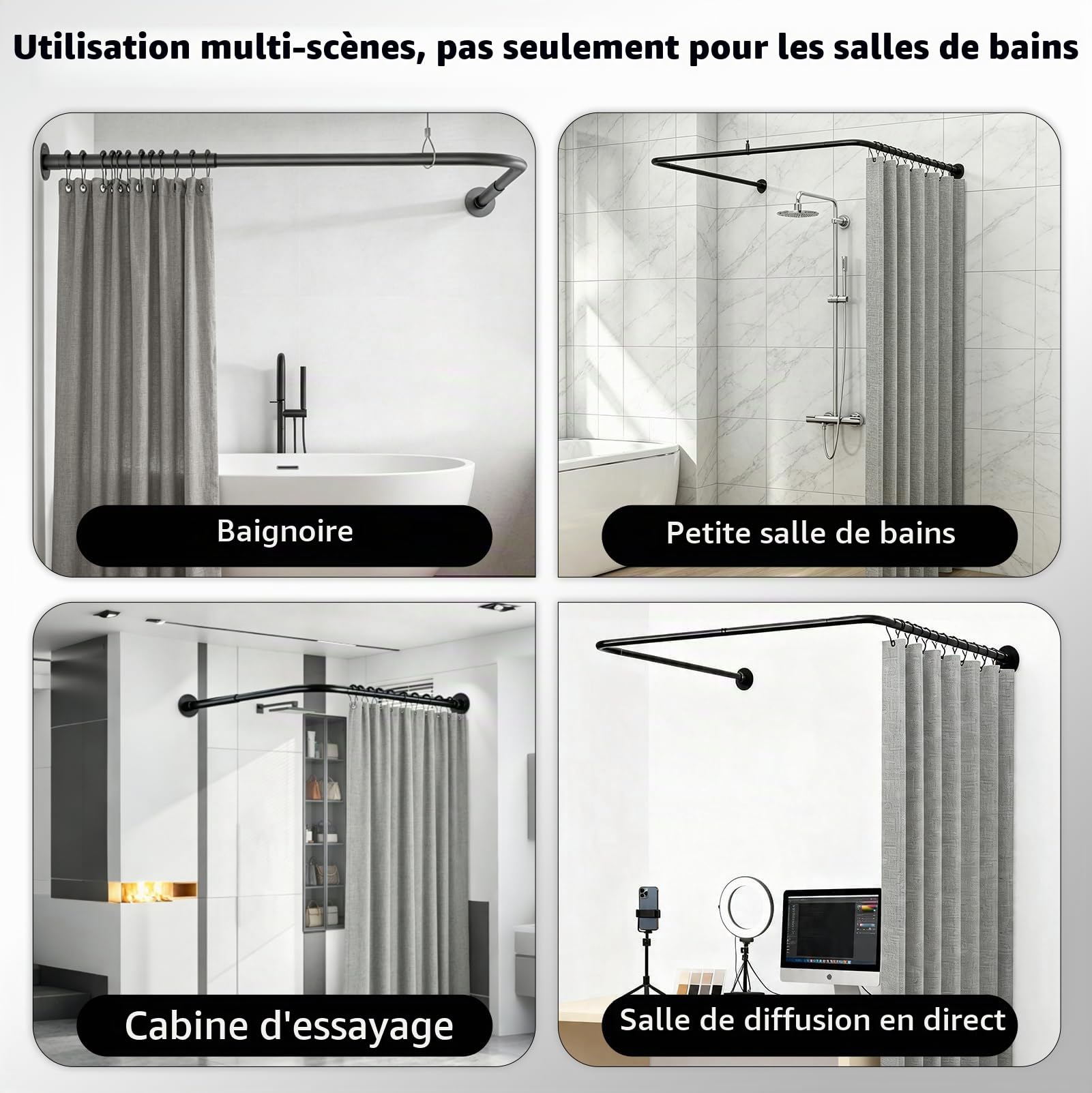 Tringle Douche en U Sans Perçage, Barre Extensible avec Kit Rideau Douche | Kit Complet avec Rideau Douche Imperméable, Anneaux et Colle Sans Clou pour Douche d'angle, Petites Salles de Bain, Vestiaire