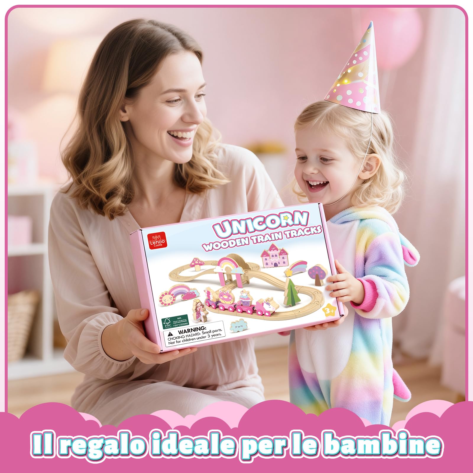 Lehoo Castle Trenino Legno, Pista in Legno per Bambini, Unicorno Bambina Regalo, Trenino Giocattolo