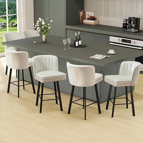 Miniatura 24 de Juego de 2 taburetes de bar giratorios de altura de mostrador, taburetes modernos de 26'' con respaldos y patas de metal, sillas de bar tapizadas,