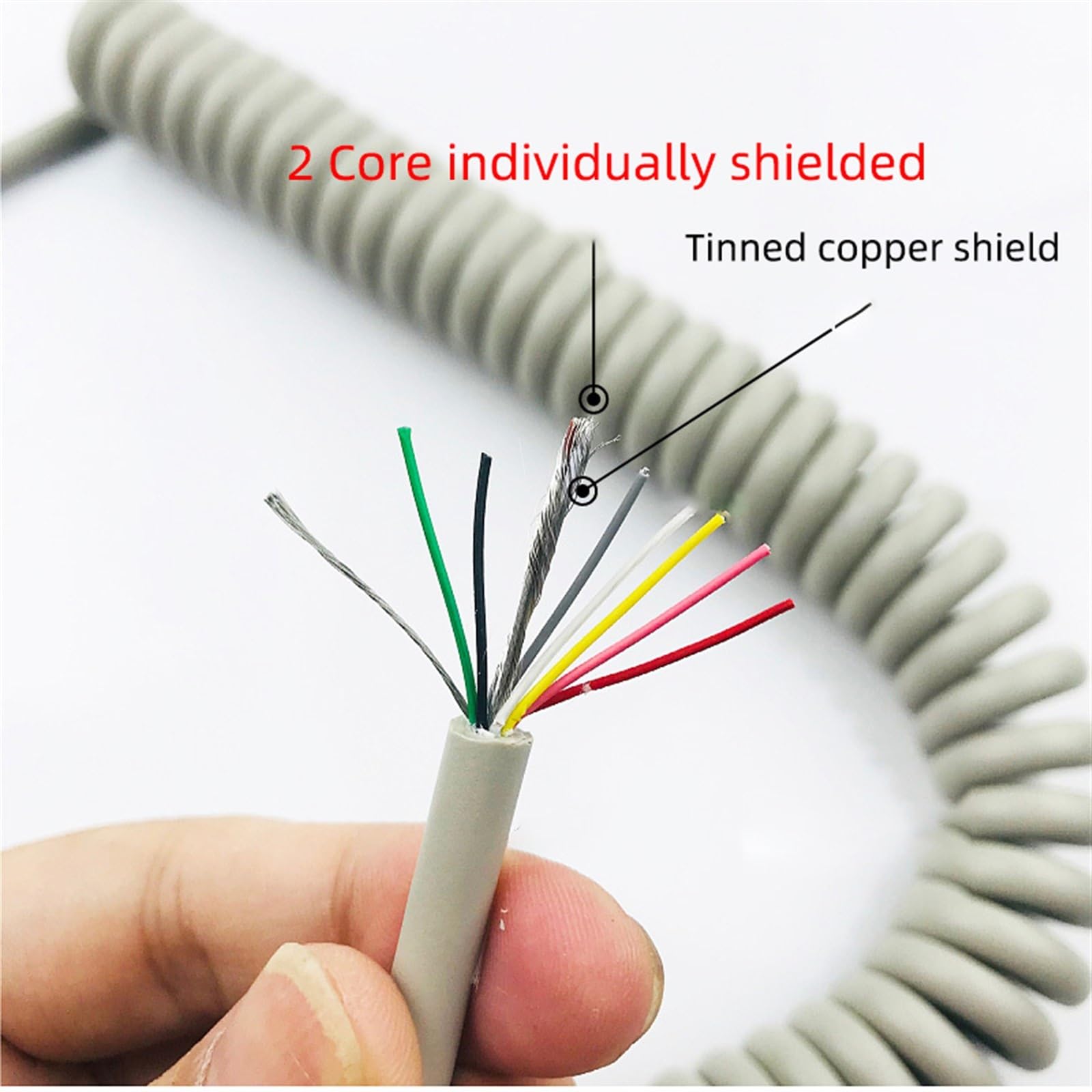 Gewundene Spirale 9 Adern 26AWG 0,15 mm2 Einzeln abgeschirmtes Teleskopkabel Graues Feder-Stretchkabel Dehnbares Spiral-Schrumpfkabel Spanndraht(3 Meters)