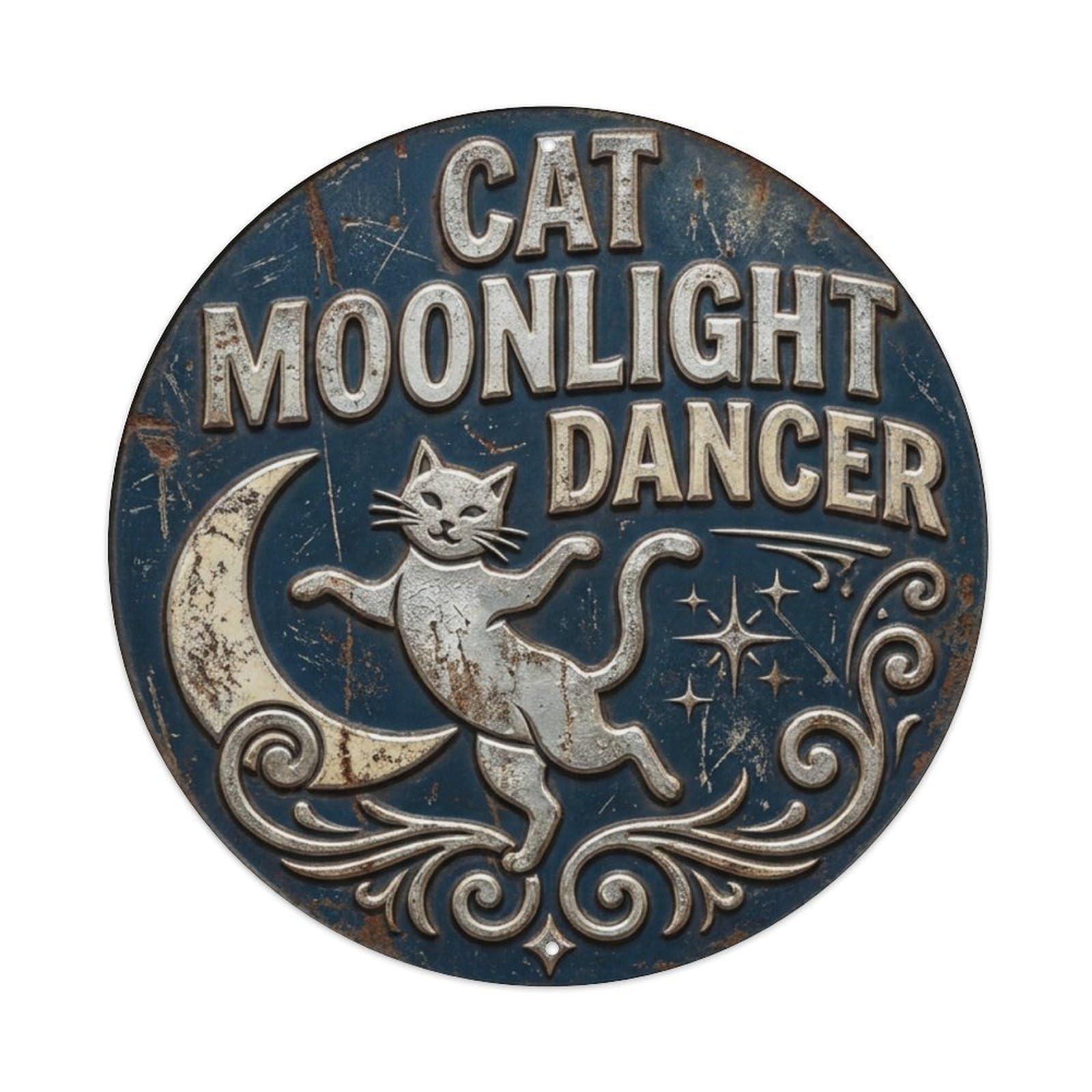 Cat Moonlight Dancer Feline Metal Tin Sign Plaque Wall Decor for Cafe, Club Bar, Office, Home Garden Round Metal Poster 8x8Inch
