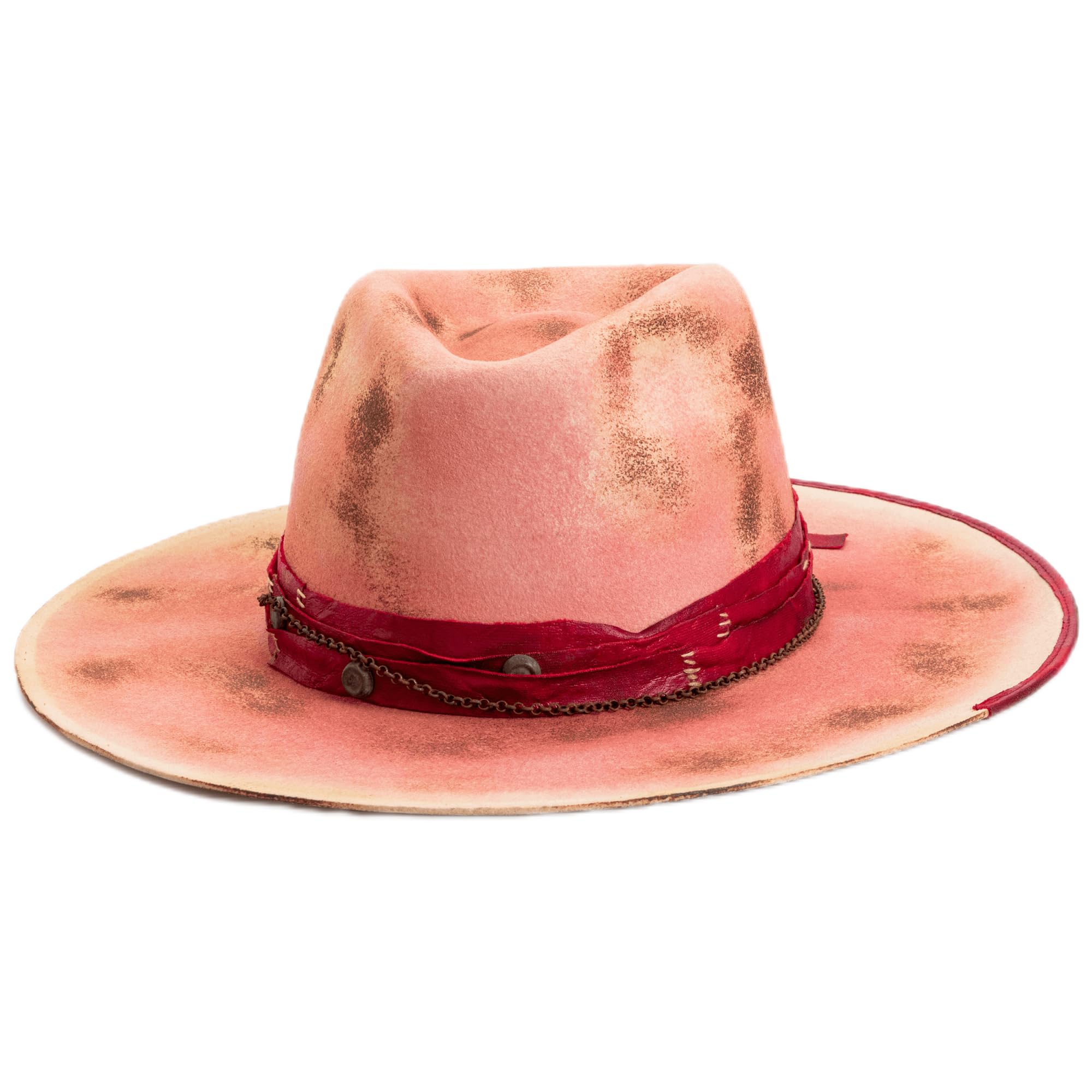 RUEDIGER Retro Wide Brimmed Stiff Fedora Men's and Women's Hats,100% Wool Classic Felt Hat,Distressed/Burned Handmade (US, Numeric, 7 3/8, 7 1/4, Pink)